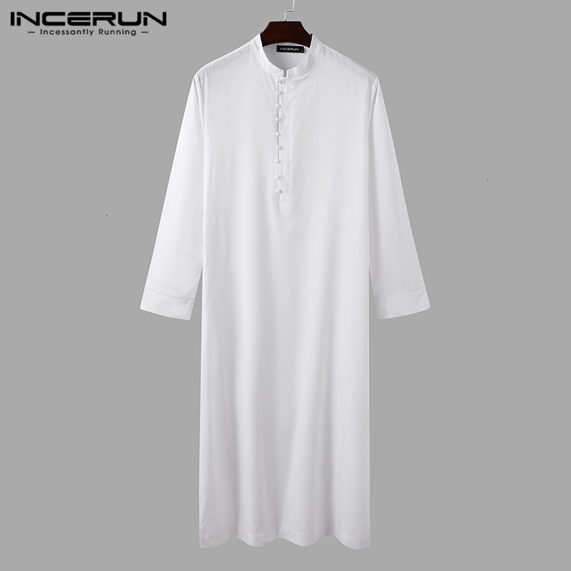 

Muslim Men Jubba Thobe Long Sleeve Solid Color Breathable Robes 2021 Stand Collar Islamic Arabic Kaftan Abaya S-5XL INCERUN