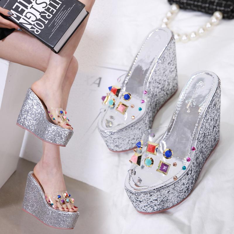 

Wedge Heel Super High Women's Shoes 13cm Nightclub Sexy Diamond Sponge Cake Platform Transparent Fish Mouth Shoe HO9D Slippers, Black