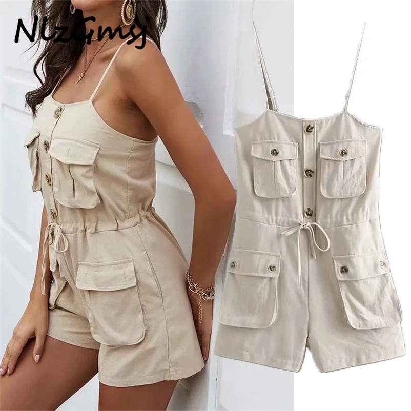 

Jumpsuit Women Spaghetti Strap Open Button Lacing up Bow Waist Short Pants Romper Cotton Linen Playsuits 04 210628, As picture