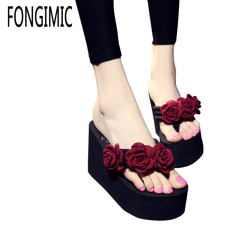 

Women Slippers Fashion Flower Summer Super High Heel Flip Flops Platform Lady Bohemia Sho Thick Bottom Beach, White pink