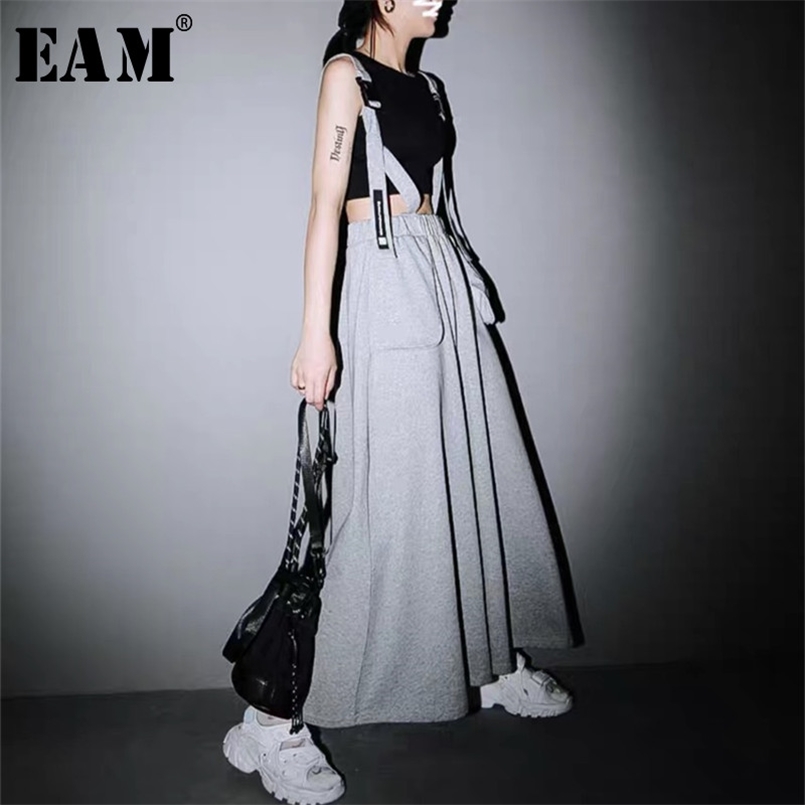 

[EAM] High Waist Gray Big Size Pocket Split Joint Long Strap Half-body Skirt Women Fashion Spring Autumn 1W185 210708, Black