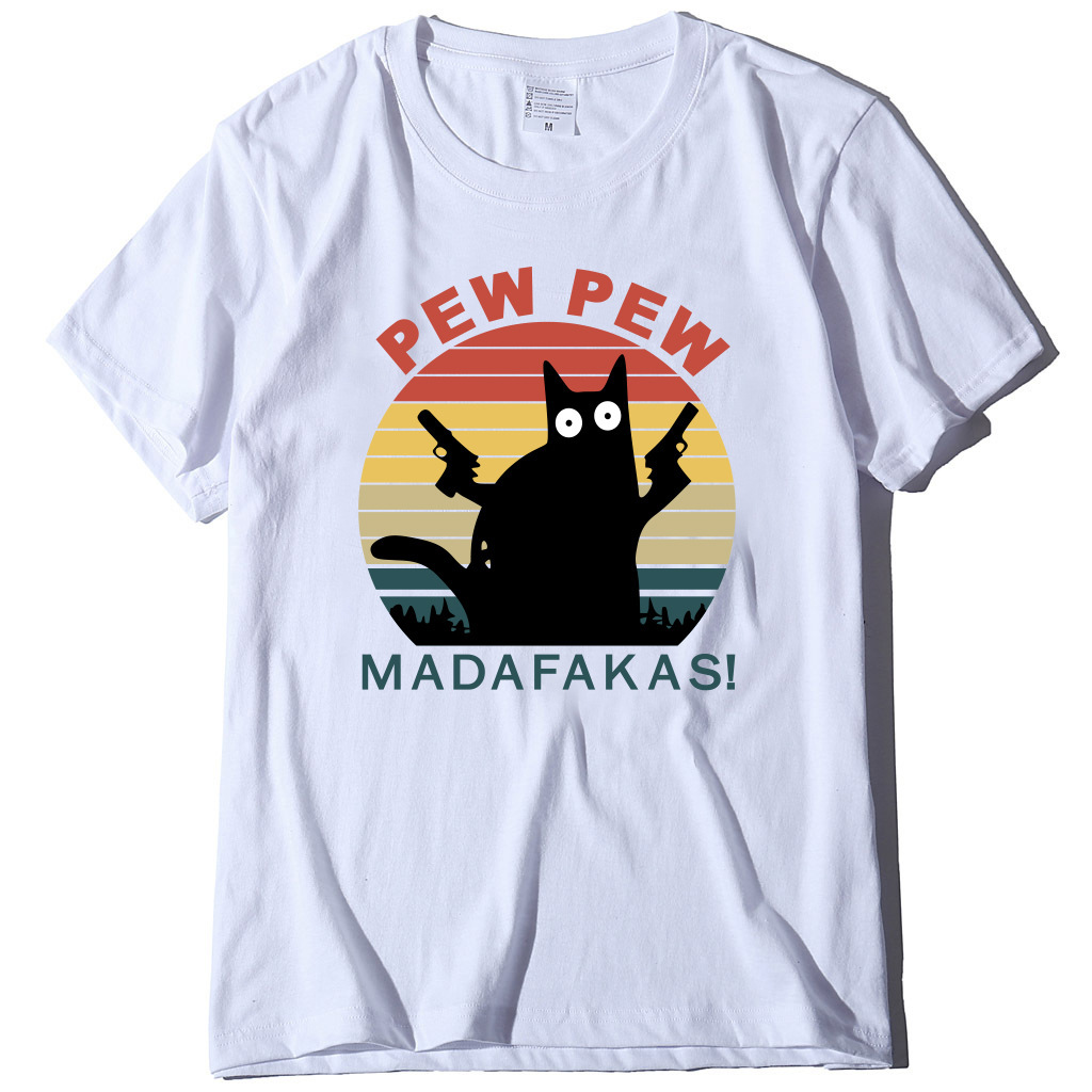 

pew letter cat novel printing summer men's and women's foreign round neck t-shirt short sve, White