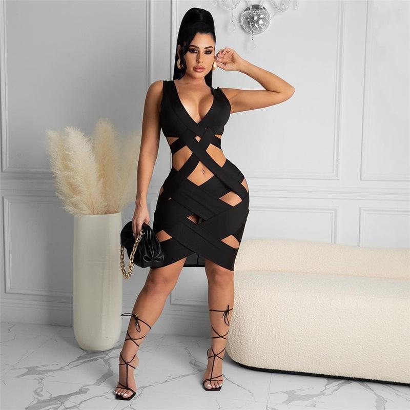 

Casual Dresses Sexy Black Dress Club Outfit For Women Night Party Sleeveless Deep V Neck Collar Irregular Hollow Out Wrap Bodycon Clubwear 2