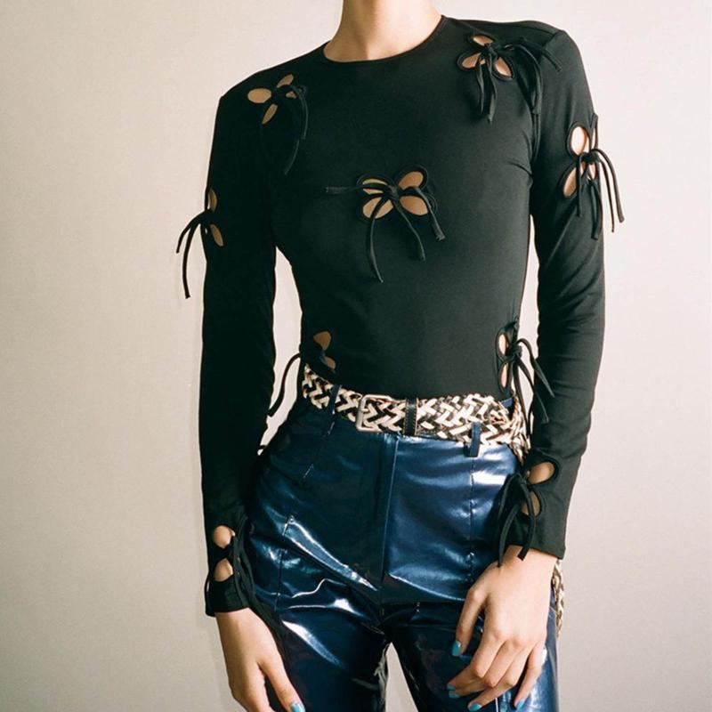 

Women' T-Shirt Sexy Hollow Out Butterfly Lace-Up T-Shirts Women Black Long Sleeve Slim Tops Goblincore Aesthetic Punk Grunge Party Clubwear