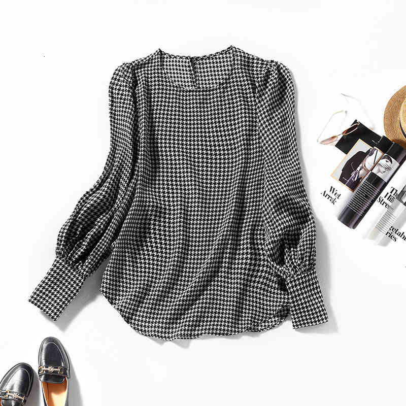 

Women' Blouses & Shirts Shenzhen Nanyou high end women' wear spring qianniao check printed mulberry silk shirt round neck EBXQ, Black
