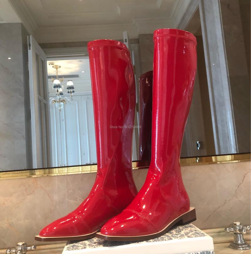 

Boots 2021 Style Women Top Quality Patent Leather Flats Long Boots, Red Black White Colour Winter
