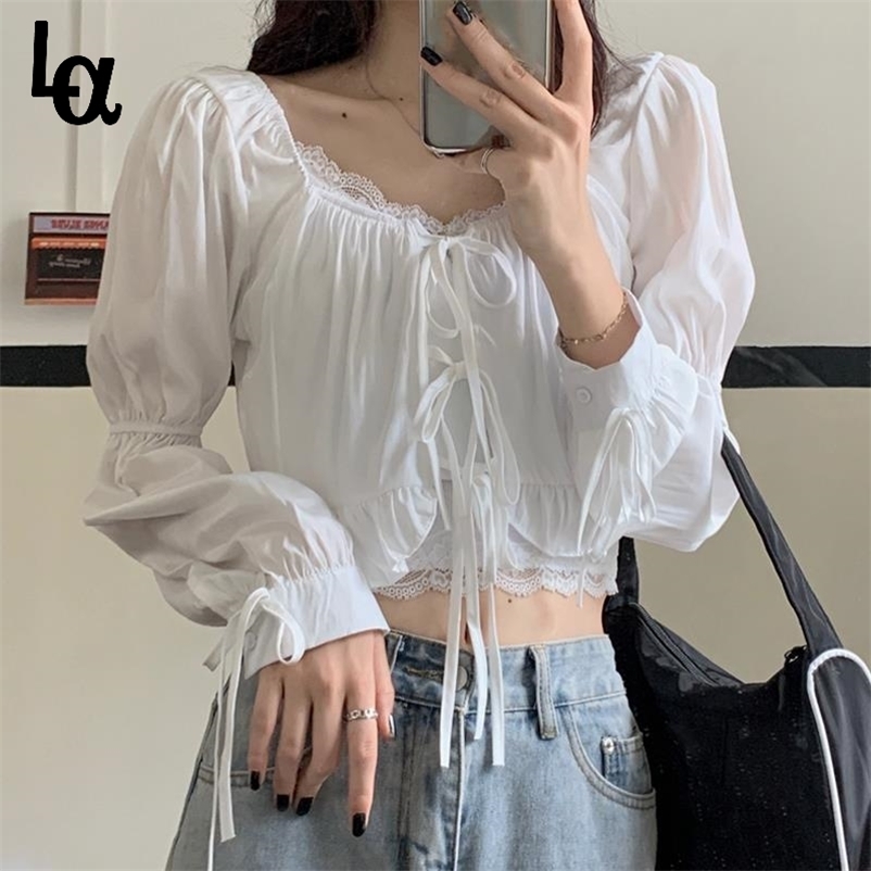 

Women Bow V-neck Puff Sleeve Drawstring Short Top Korean Style Sweet Girls Leisure Chic Design Thin Fashion Loose Shirts 210519, Black