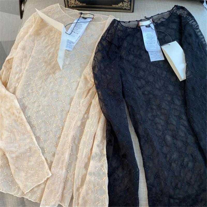 

Fashion Sexy Classic Letter Embroidery Lady Tee Party Banquet Trendy Girls Transparent Tops long sleeve designer clothing, Black