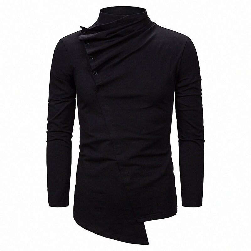 Chemise masculine Bouton de couleur solide Bouton à col montant quotidien Hauts à manches longues Noir O0ZG #