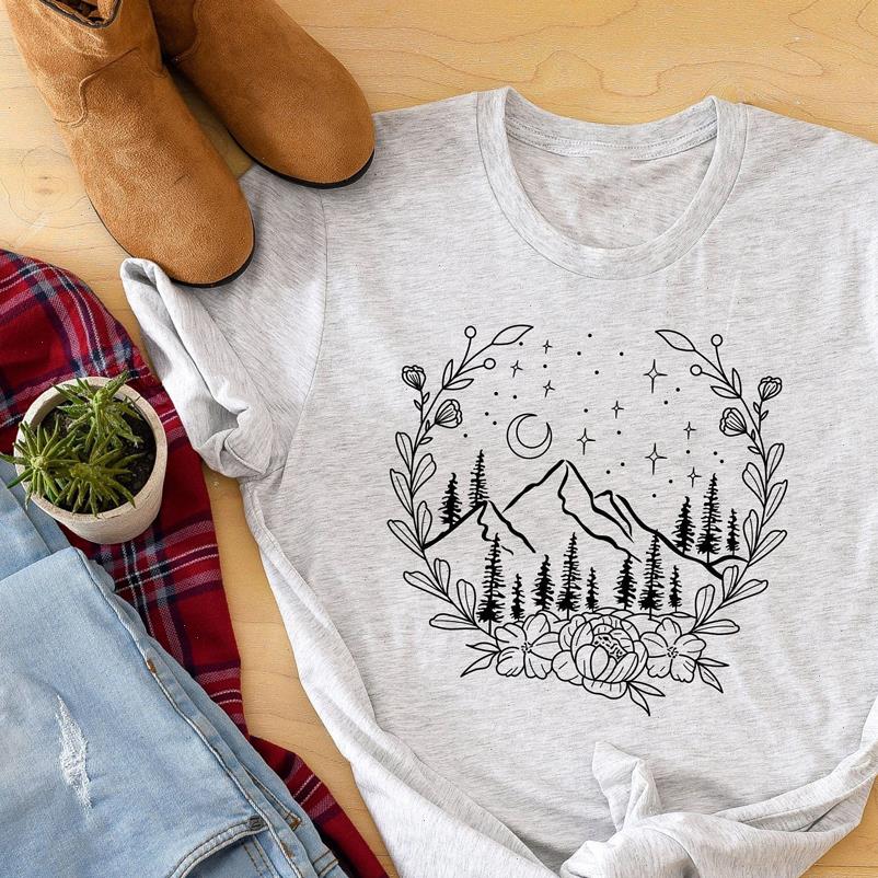 

aesthetic floral women t shirt mountains nature stylish camping outdoor tshirt summer short sleeve graphic hiking tee top, White