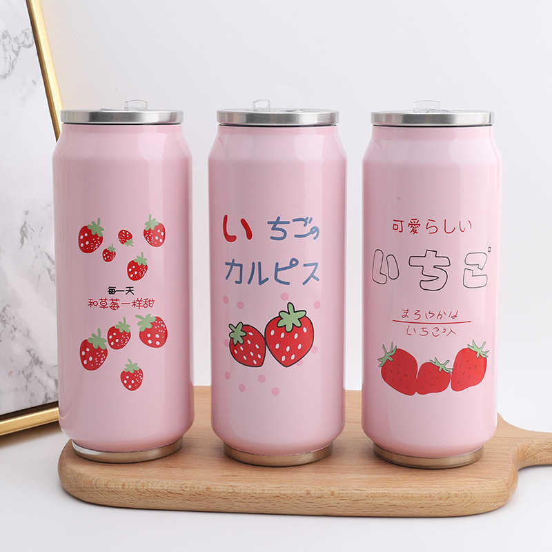 

Cute Strawberry Insulated Water Bottle Stainless Steel Thermos Portable Wide Mouth Can Cup Travel 500ml, Three strawberries