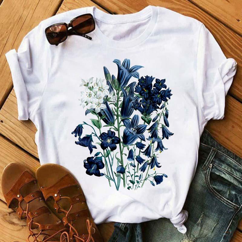 

Women' T-Shirt Funny Flower Print Women Female Tshirt Summer Harajuku Short Sleeve White T Shirts Cartoon Casual Woman Cotton Tops Tee, Chunse-white
