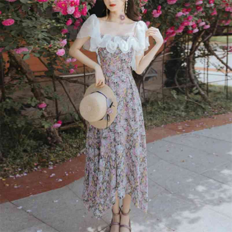 

Floral Print Dress Women Elegant Lace Puff Sleeve Fairy Chiffon Korean Japan Style French Vintage Retro 210519, Purple