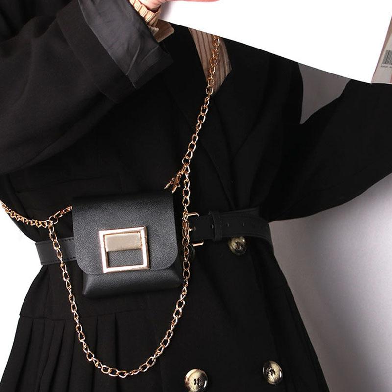 

Belts Women Fashion Waist Pack PU Leather Chain Retro Belt Bag Phone Bags For Lady Casual Female Purse Crossbody, Black