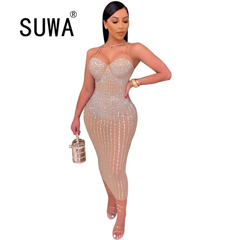 

INS Recommend Style Sequins Sexy Club Women Dresses For Party And Wedding Gowns Summer Spaghetti Strap Dress Wholesale 210525, Khaki