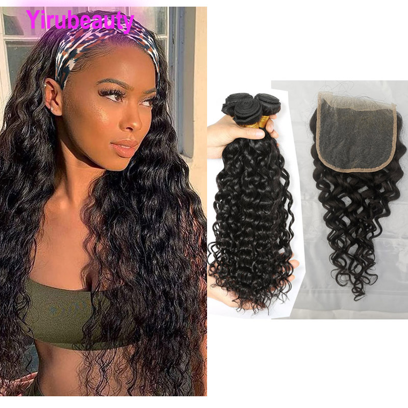 

Malaysian Virgin Human Hair Double Wefts 3 Bundles With 5x5 Lace Closure Water Wave Curly Natural Color 10-28inch