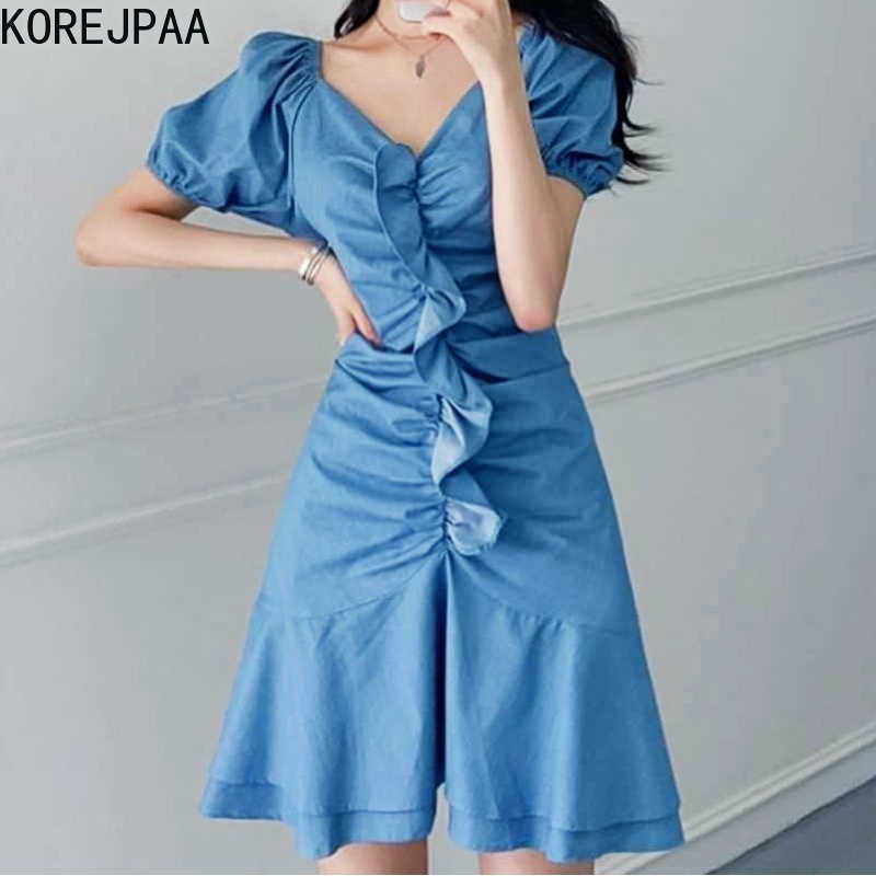 

Korejpaa Women Mini Dress Korean Fashion Chic Summer Light Ripe Style V-neck Pleated Ruffle Stitching Slim Waist Vestido 210526, Blue