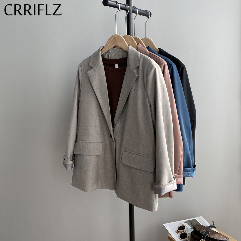 

Solid Casual Single Breasted Blazer Coat Women Long Sleeve Pocket Simple Suits Jackets Office Lady CRRIFLZ 210520, Pink