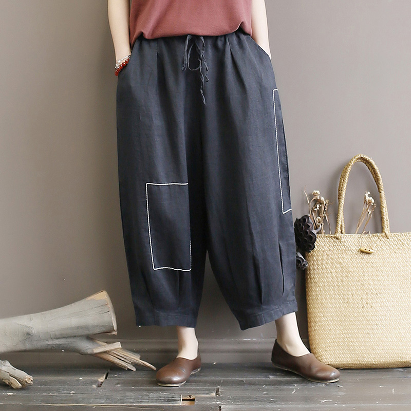 

Original womens art embroidery line ramie womens pants loose large size lace lantern pants linen eight pants thin summer, Black