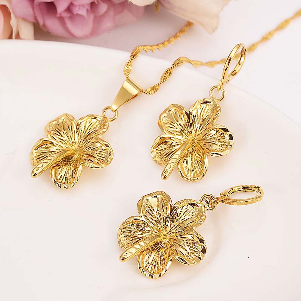 Ethiopian 9 K Solid Fine G/F Gold big Flower Pendant Chain Earrings set women girls Jewelry African Bride Wedding Bijoux-image-675722647