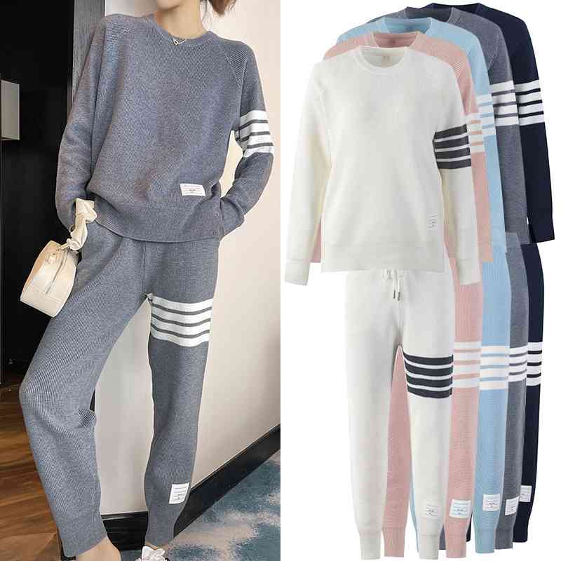 

2021 autumn new TB sweater men's and women's fashion round neck four bar sports suit pants two-piece set, Gray
