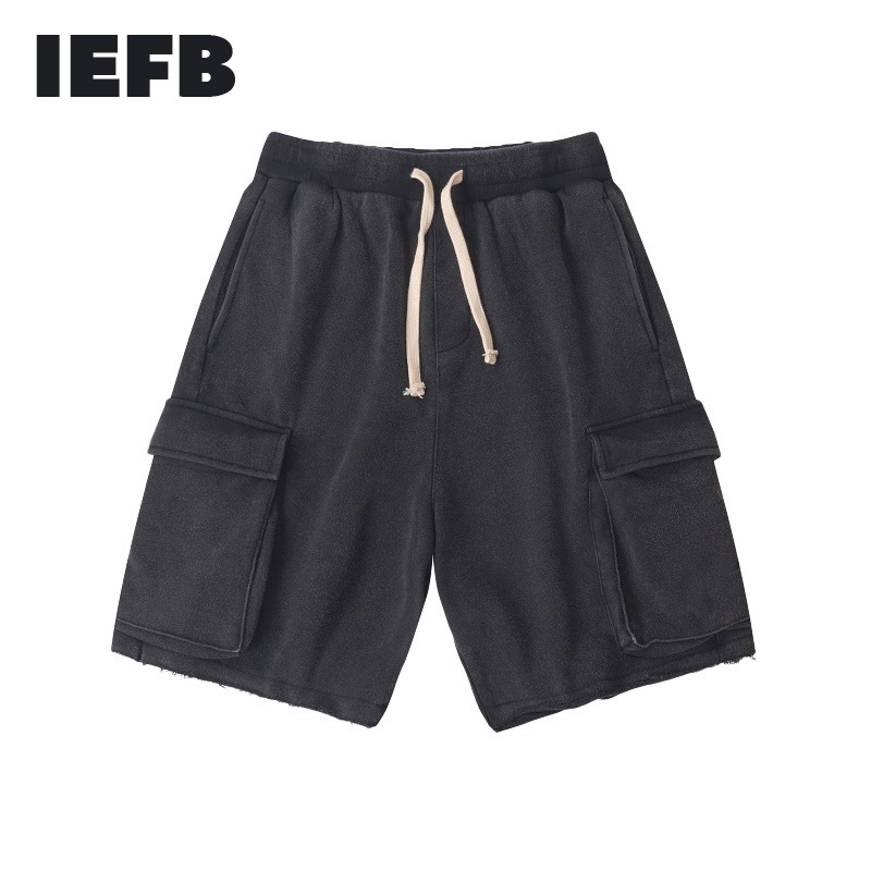

IEFB High Street Ins Washed Retro Shorts Shorts For Men Drawstring Elastic Waist Big Pockets Loose Knee Length Pants 210524, Old black