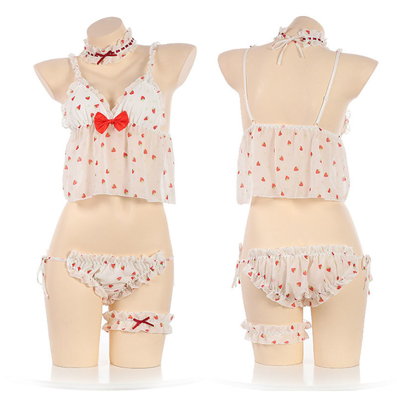 

Anime Cute Girl Cosplay Costume Japanese Sexy Lingerie Set Embroidery Camisole Kawaii Strawberry Sleepwear Uniform Underwear, White