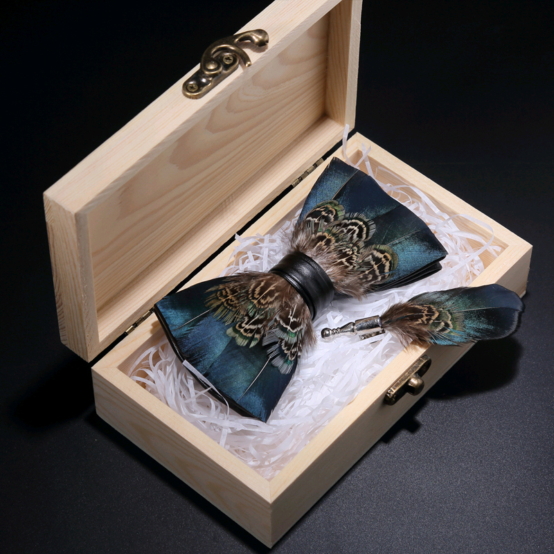 

Original Pheasant Natural Blue Brown King Feather Bow Tie Brooch Gift Wooden Box Set For Men Wedding Party Fashion Tie
