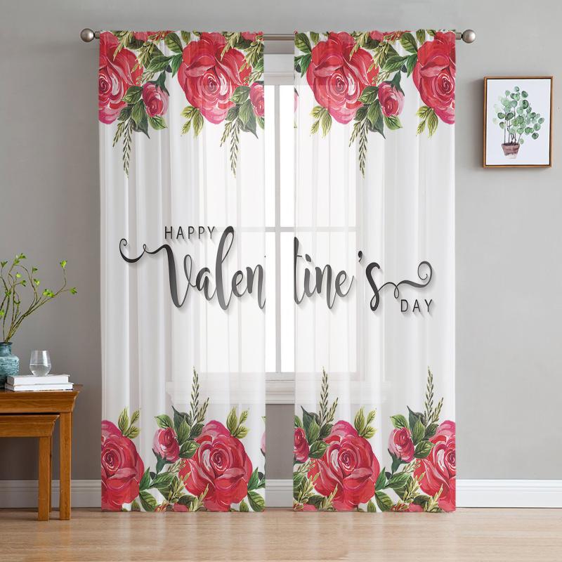

Curtain & Drapes Valentine Flower Red Rose Tulle Curtains For Living Room Bedroom Home Decor Chiffon Sheer Voile Kitchen