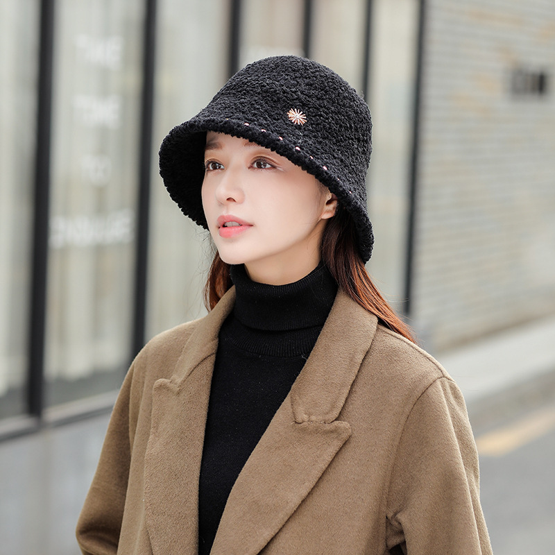 

Stingy Brim Hats Plush fisherman hat women's autumn and winter cashmere thickened warm knitted / full matching bucket, Black