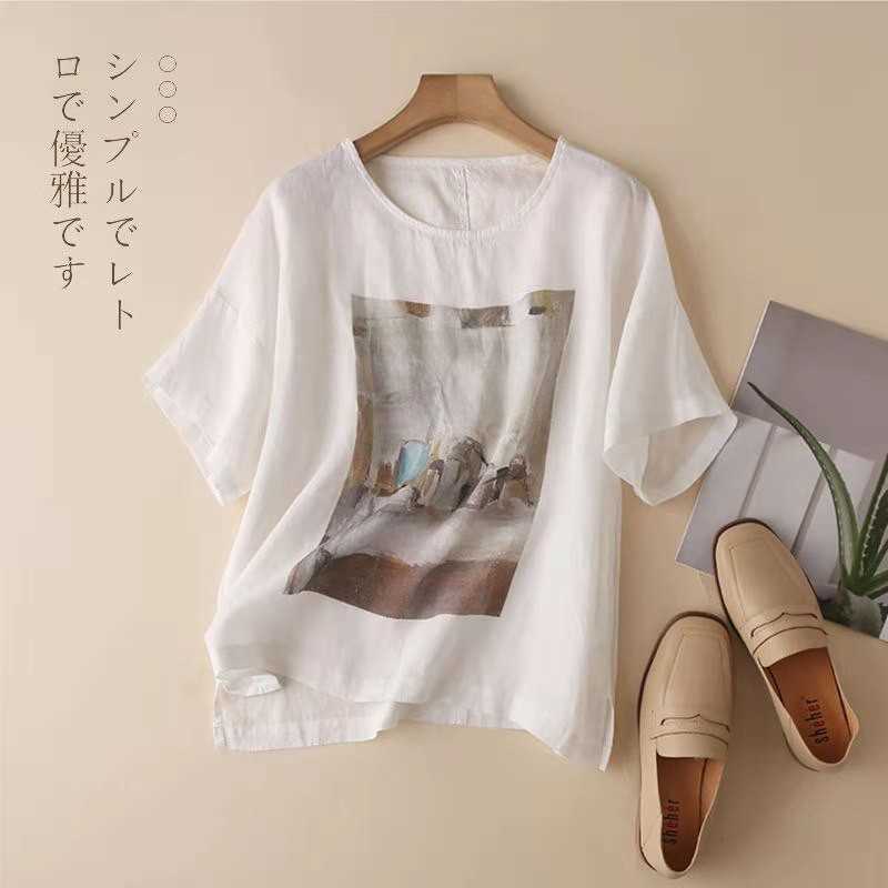 

Arrival Summer Arts Style Women Casual Loose O-neck Short Sleeve T Shirt Vintga Print Cotton Linen T-shirt W65 210608, Pink