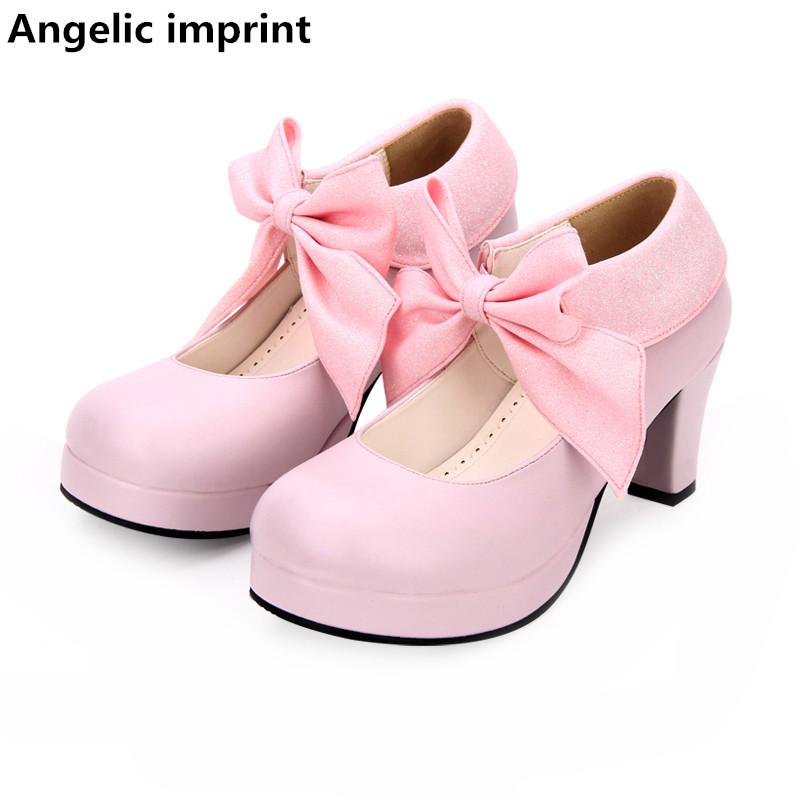 

Angelic Imprint Handmade Woman Mori Girl Lolita Cosplay Shoes Lady High Heels Pumps Women Princess Dress Party 33-47 Bows, Black