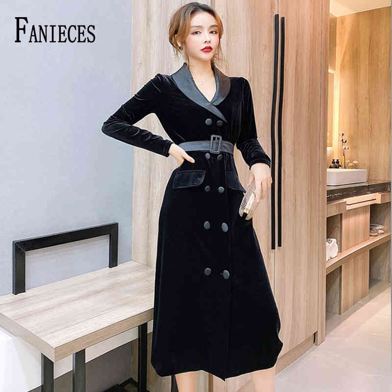 

Autumn Winter Women Long Sleeve Warm Golden Velvet Sheath Party Dresses Sashes Button Office Ladies Midi Vintage Dress vestido 210520, Black