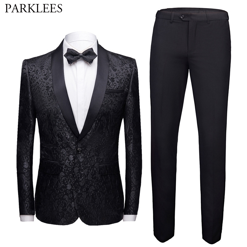

Black Floral Jacquard Men 2 Pieces Suit (Jacket+Pants) Slim Fit Shawl Collar Suit Men Wedding Prom Suits Stage Singer Clothes 210524