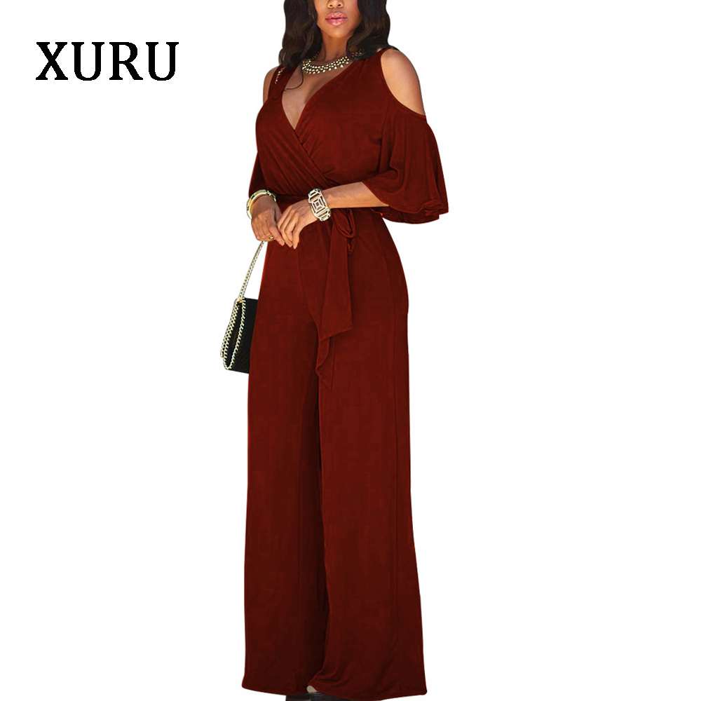 

XURU Women Cold Shoulder Wide Leg Pants Jumpsuits Female Overalls Sexy Party Jumpsuit Womens Loose Plus Size Jumpsuits, Black