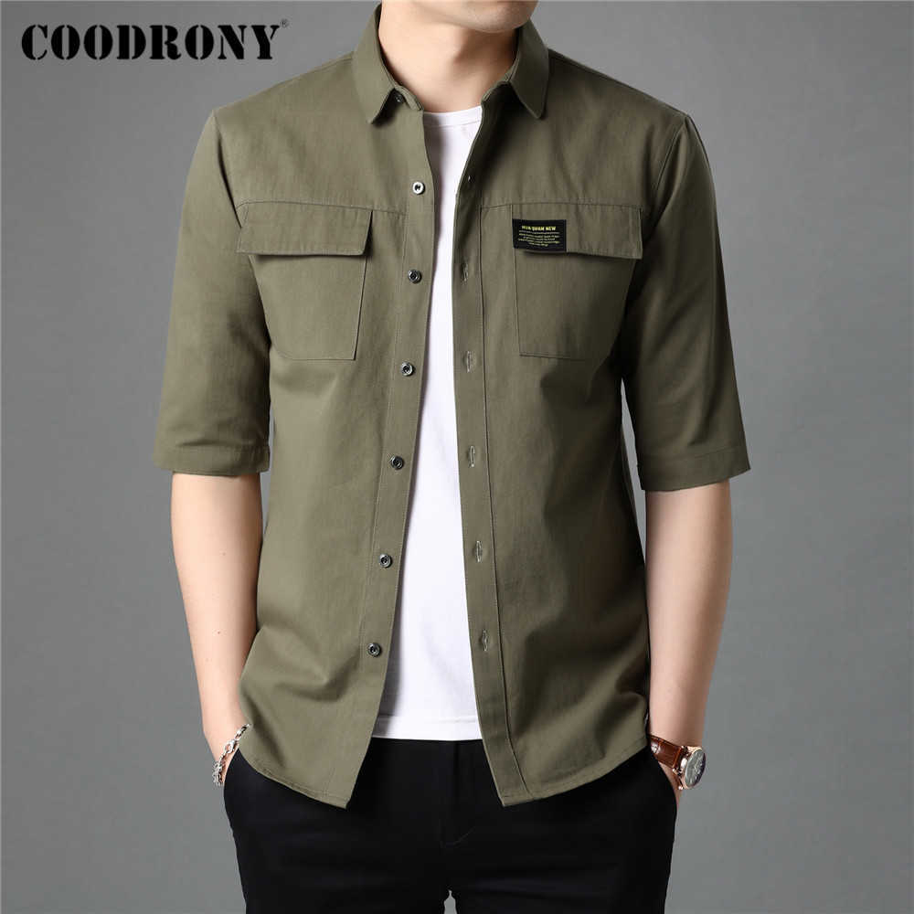 

COODRONY Brand Spring Summer High Quality Streetwear Fashion Style Big Pocket 100% Cotton Half Sleeve Shirt Men Clothing C6056S 210721, Army green