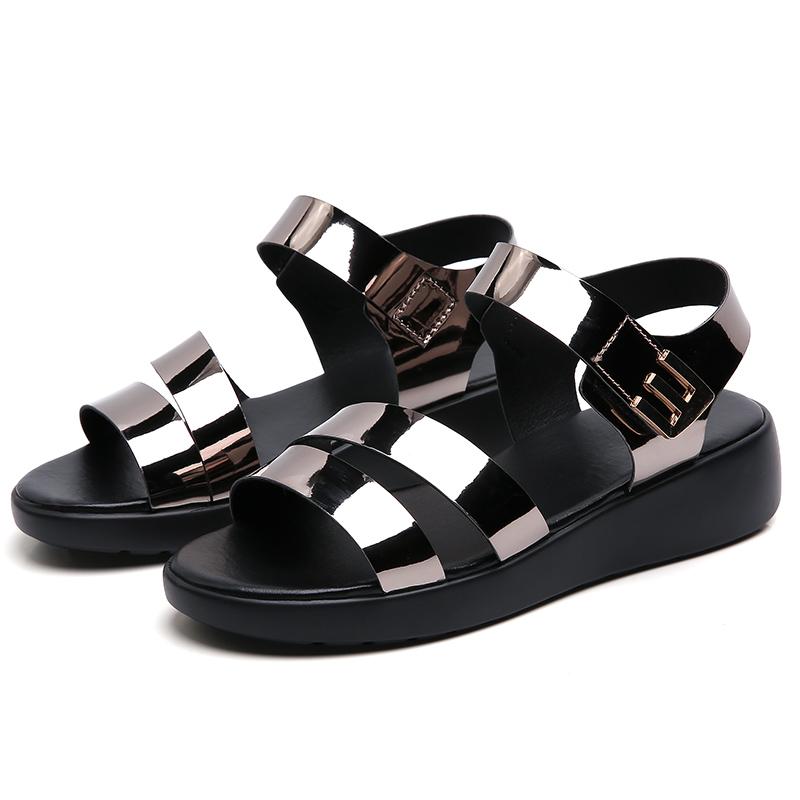 

Sandals Female Summer Fashion Casual Outer Wear Thick Crust Slope With Open-toed Flat Metal Trim Middle-aged Shoes, Black