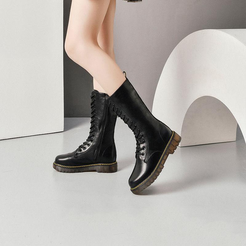 Boots Women's Handsome Motorcycle Casual All-match Snow Autumn And Winter Black Women Mid-calf Zip Cross-tied