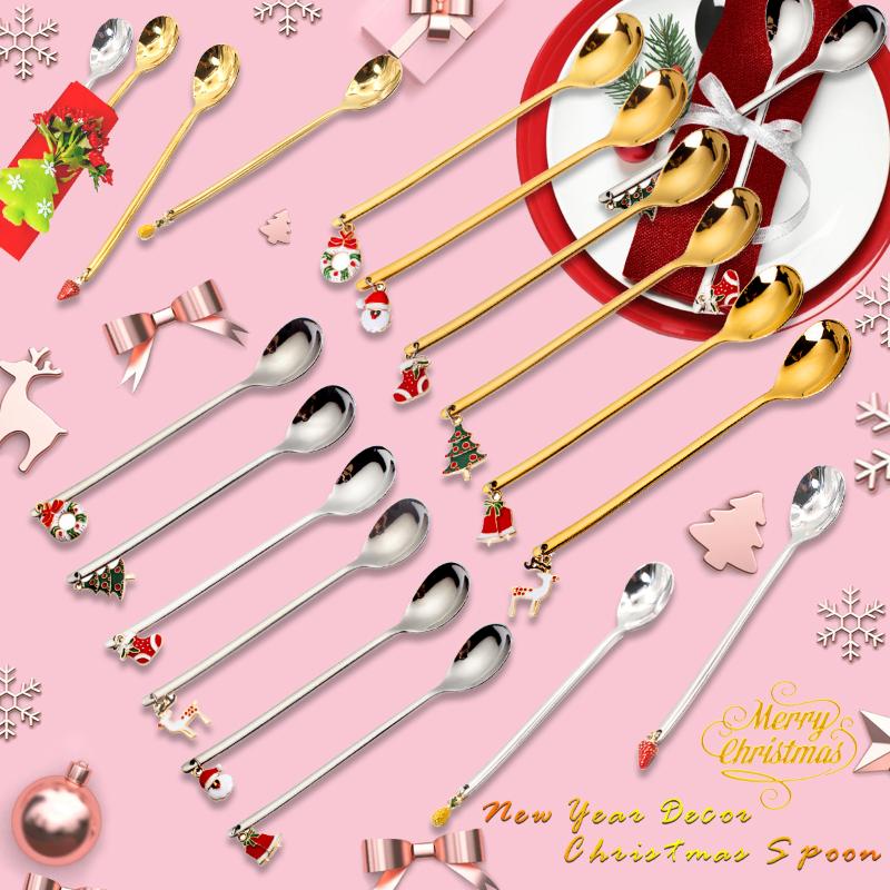 

Christmas Decorations Metal Spoon Drink Stirrers Tableware Coffee Dessert Tea Long Handle Scoop For Home Xmas Party Desktop Gift