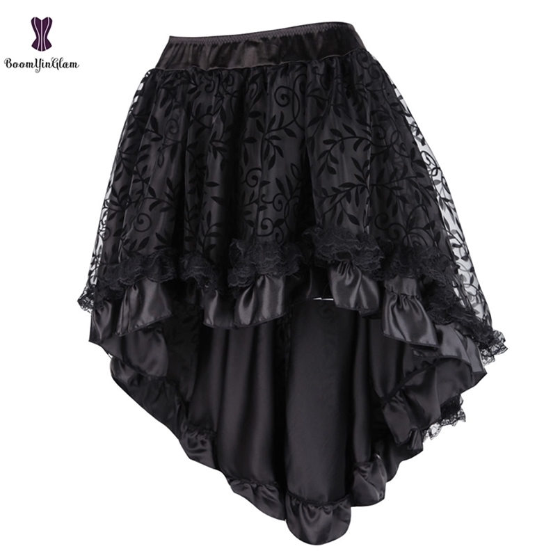 

Black Women' Victorian Asymmetrical Ruffled Satin Lace Trim Gothic Skirts Vintage Corset Steampunk Skirt Cosplay Costumes 937# 210702