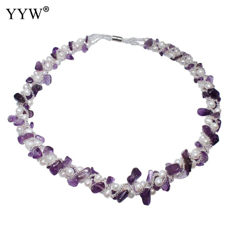 

Natural Freshwater Pearl Necklace Amethysts Magnetic Clasp February Birthstone Choker Necklaces For Woman Approx 16.5 Inch Chokers, Golden;silver