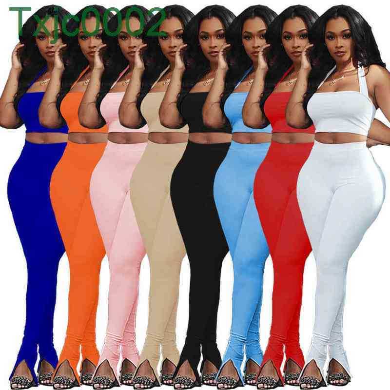 

Women Tracksuits Two Piece Pants Outfits Designer Solid Colour Sexy Sleeveless Suspenders Tops Leggings Split Neckband Nightclubwear, Orange