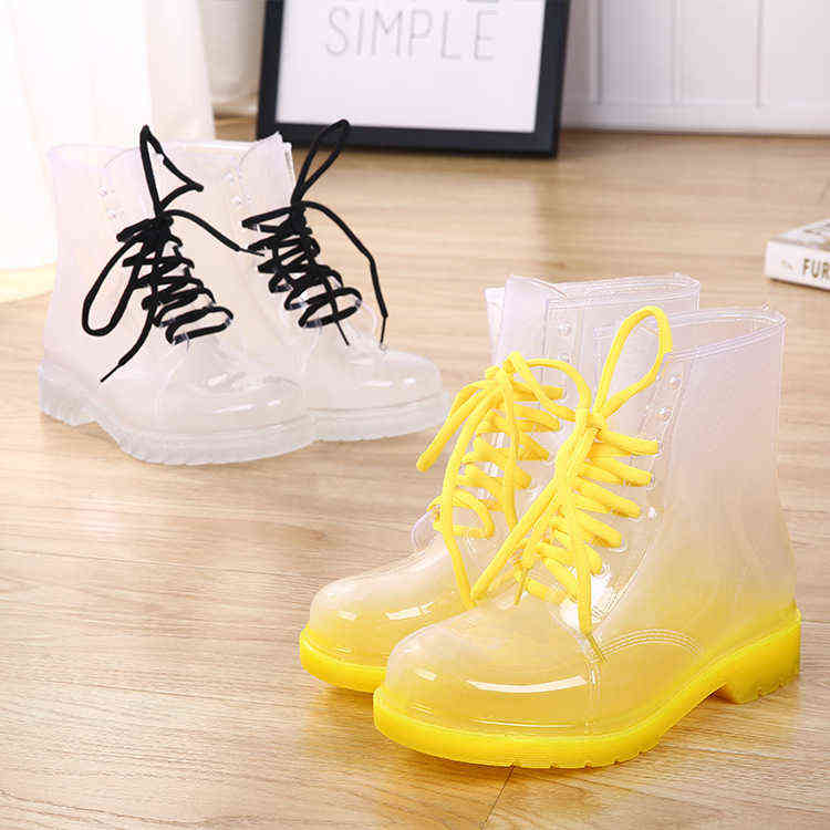 

Women Rain Boots Mature Lady Lace Up Waterproof Lady Shoes Transparent Candy Colors Ankle Outdoor Girl's Shoes dfc3 2020 H1112, White