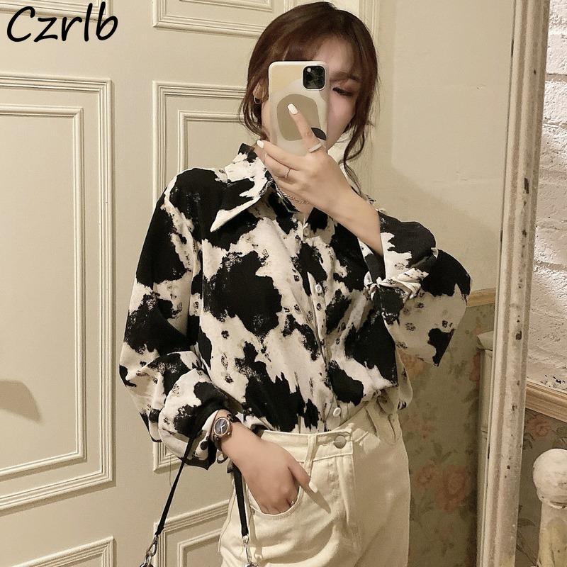 

Women's Blouses & Shirts Long Sleeve Women Tie Dye Harajuku Chic Streetwear Leisure Spring Autumn All-match Students Korean Style Feminine C, White