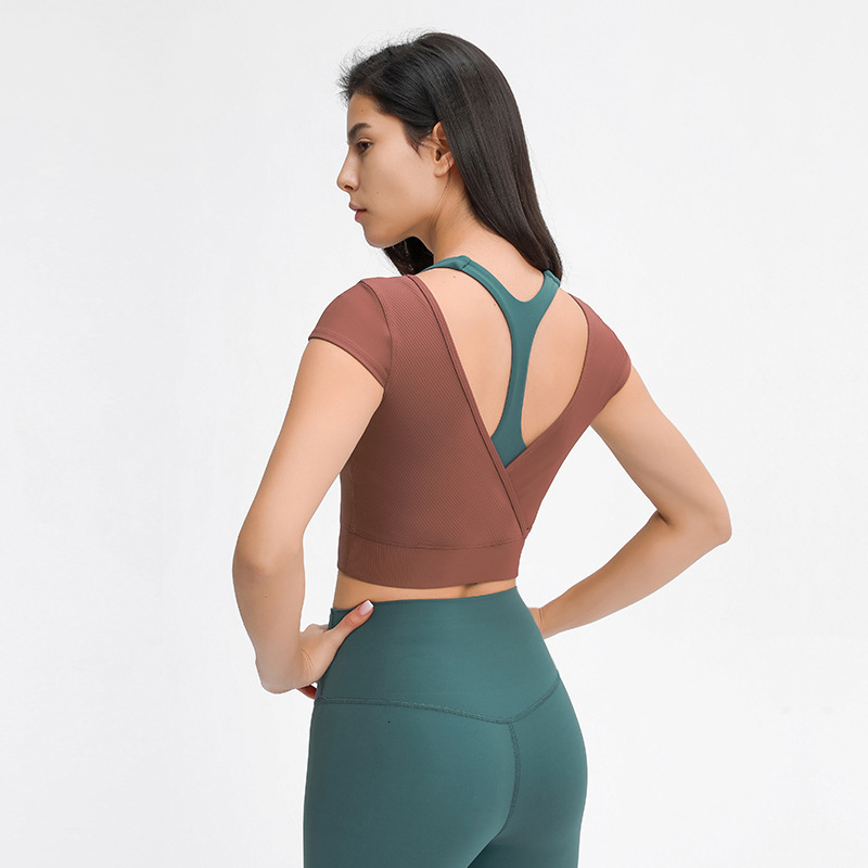 

short cross 2021 sleeve V-shaped thread back Yoga outdoor sports fitness top, Bronze brown
