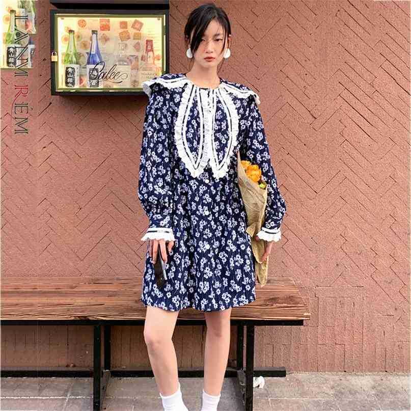 

Women Lace Ruffled Navy Print Big Size Dress Lapel Long Sleeve Loose Fit Fashion Spring Autumn 2E1178 210526, Navy blue