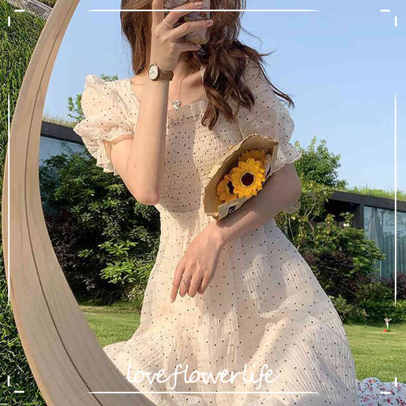 

Summer Floral Design Sweet Dress Short Sleeve Chiffon Elegant Dress Korean Style Square Collar Party Dress for Female Dot 210521, Yellow and beige