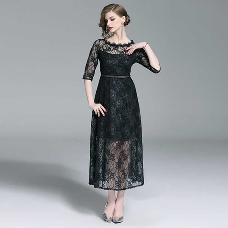 

Pleated Lace Dress Work Casual Slim Fashion Sexy Hollow Out Party Long Dresses Women A-line Vintage Black Vestidos 210525, Picture color