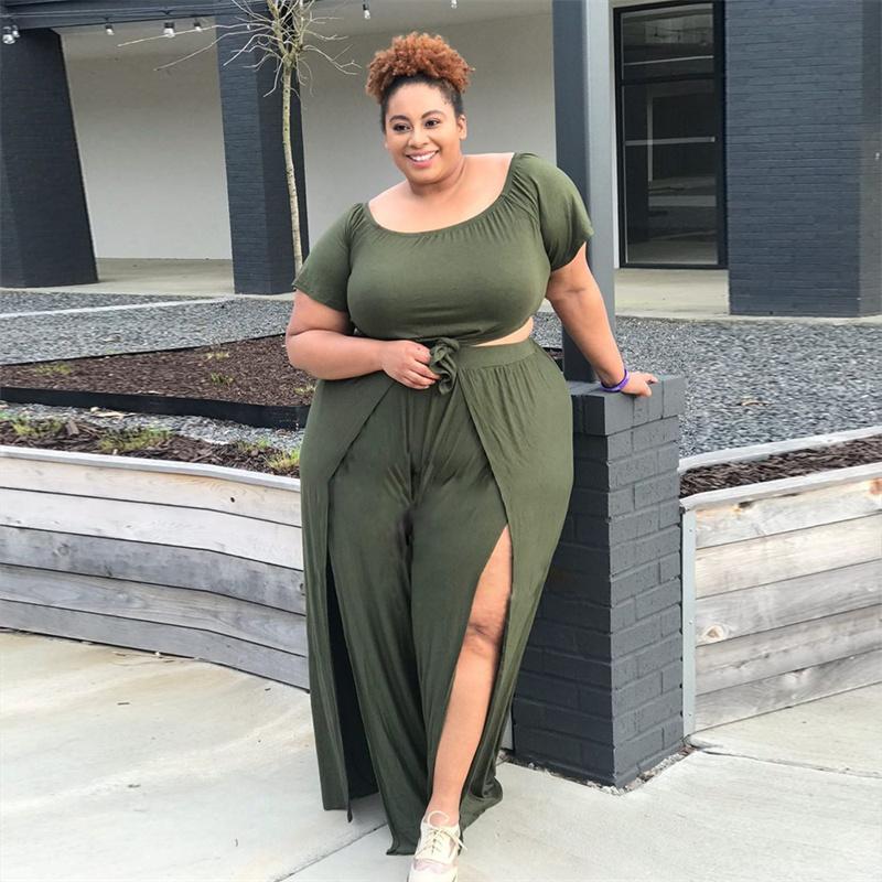 

Plus Size Tracksuits Casual Women Two Piece Set Short Sleeve Pullover Top High Split Pants Suit Solid Loose Outfits Ladies Fashion Clothes, Black