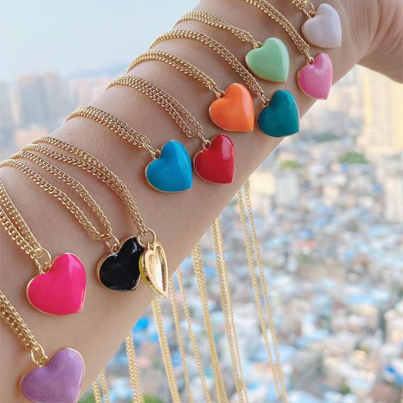 

Pendant Necklaces Cute Color Small Mini Enamel Heart Charm Chain Necklace 45cm Women Jewelry Wholesale